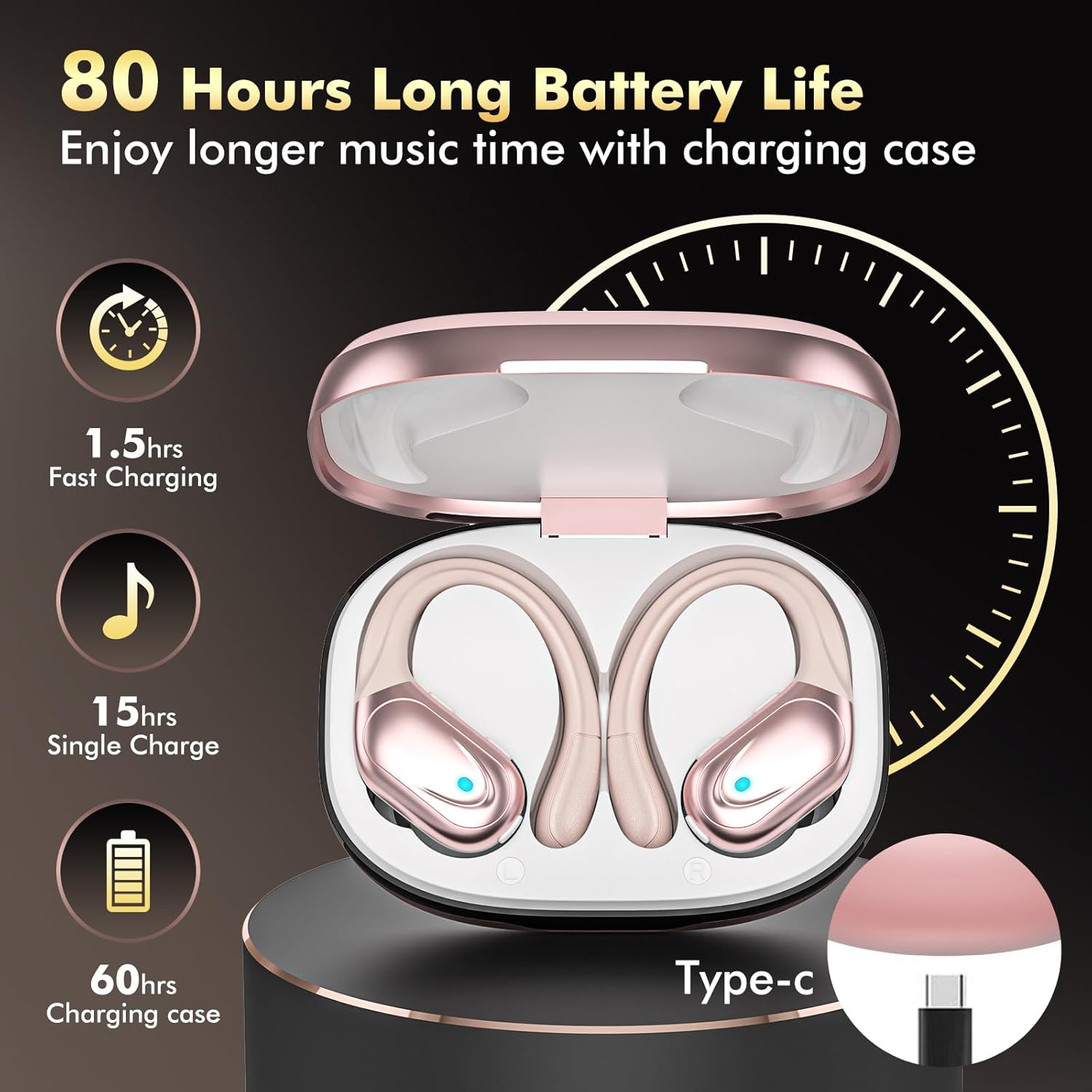 Wireless Earbuds Bluetooth Headphones 80hrs Playback Ear Buds Power Display with Noise Canceling Mic Headsets for Sports/Workout/Running Rose Gold